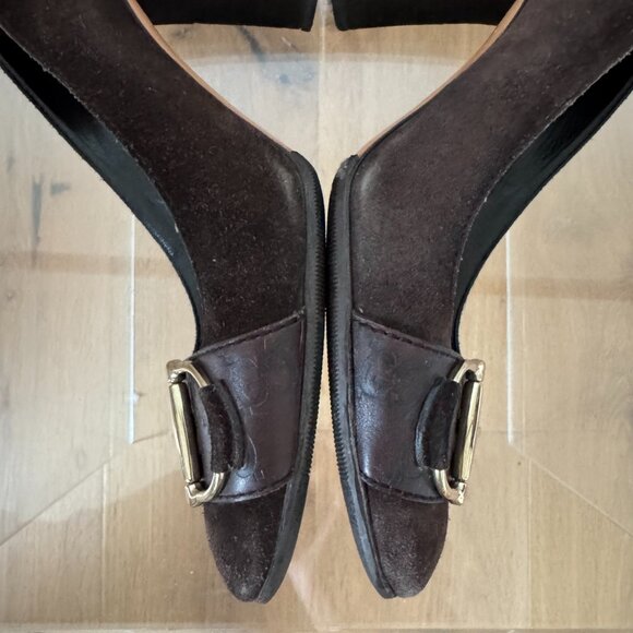 Gucci Vintage Horsebit Brown Suede Pumps Square Toe Block Heel Size 7 Resoled - Picture 13 of 16